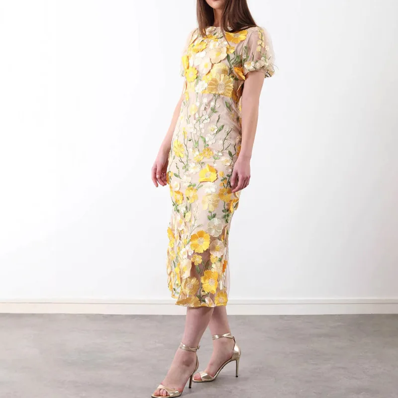 Embroidery Zara - Gaun Panjang Lutut Ritsleting Pinggang Tinggi