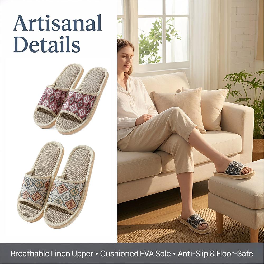 Sendal Rumah Linen Four Season - Embroidery Flat Shoes ulasan dan harga