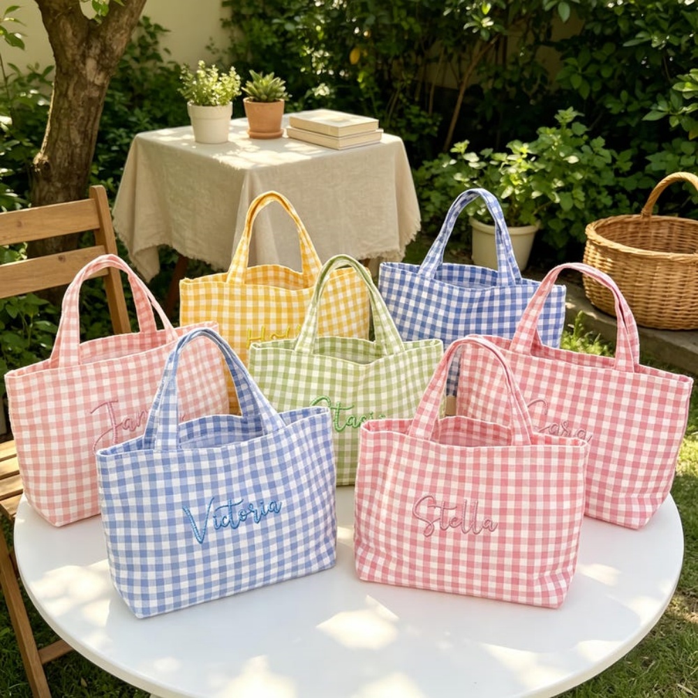 1Pc Tas Tote Kotak-kotak Bordi - Embroidery Name ulasan dan harga