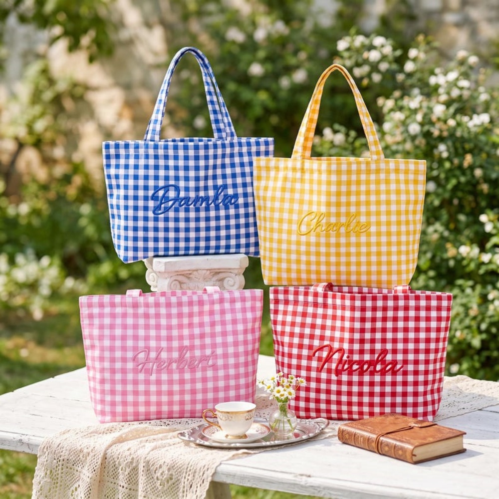 1Pc Tas Tote Kotak-kotak Bordi - Embroidery Name ulasan dan harga