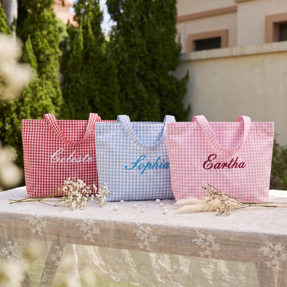 1Pc Tas Tote Kotak-kotak Bordi - Embroidery Name ulasan dan harga
